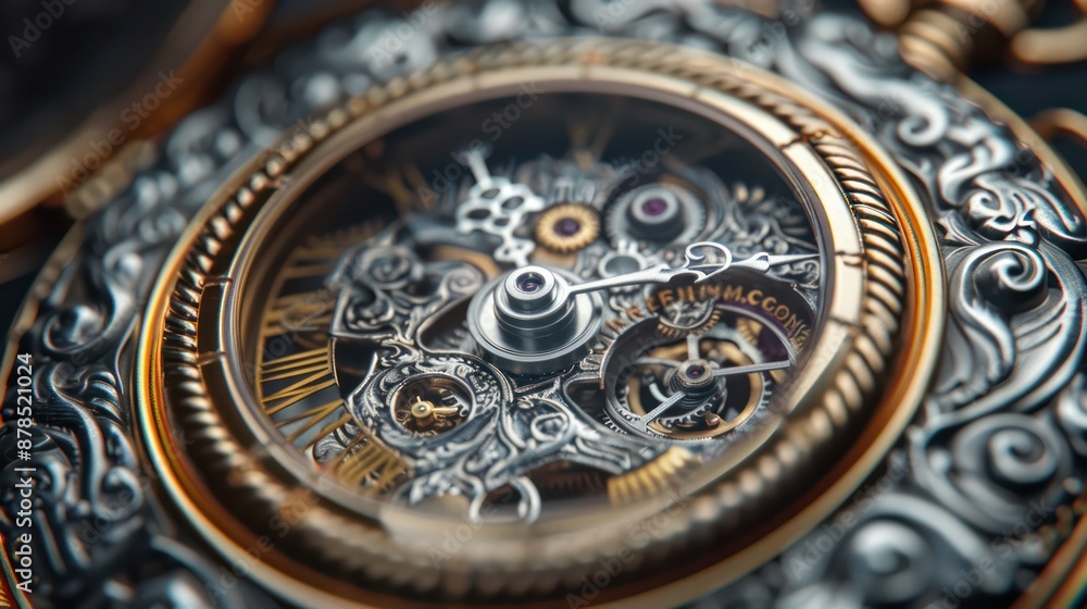 A close up of a watch with roman numerals and gold and silver details A close up of a watch with roman numerals and gold and silver details