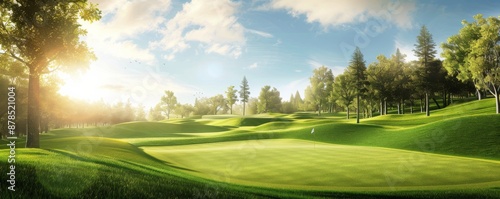 Golf ball in luxury golf sport resort in nature with green grass, panorama.  Generative AI.