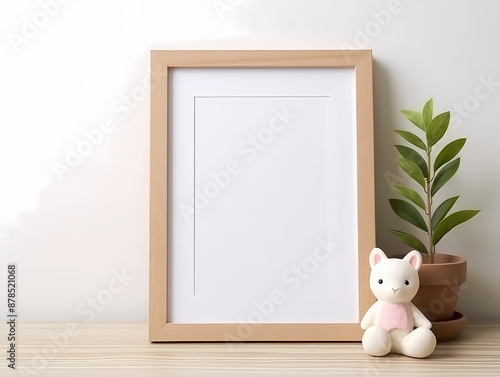 Minimalist nursery decor with a blank wooden frame, cute stuffed bunny toy, and potted plant on a light wooden surface.