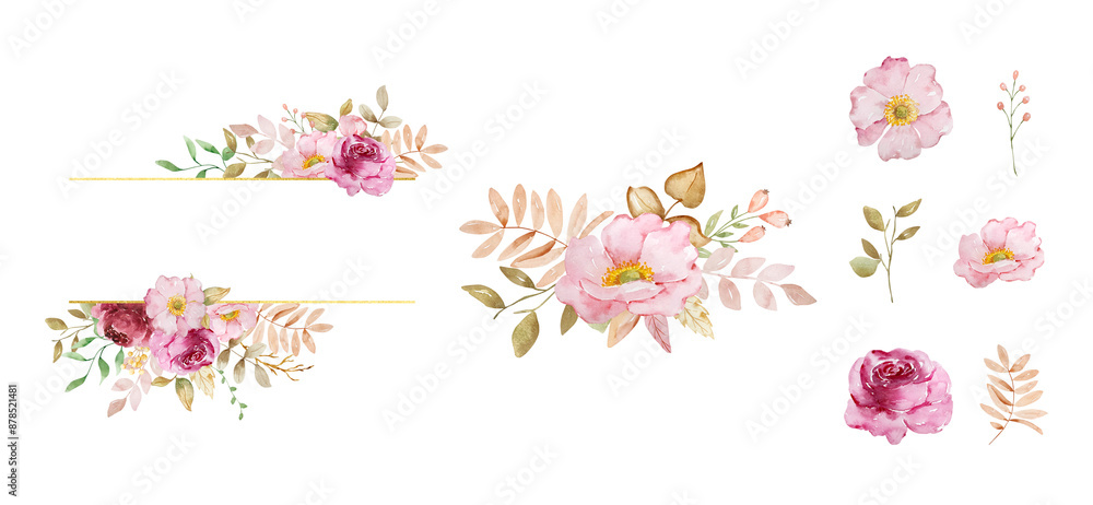 Gold autumn frames set with watercolor flowers. fall leaves Gold autumn frames set with watercolor flowers. fall leaves