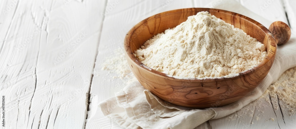 Wooden bowl filled with flour set on a white wooden table, providing space for additional images. Wooden bowl filled with flour set on a white wooden table, providing space for additional images.