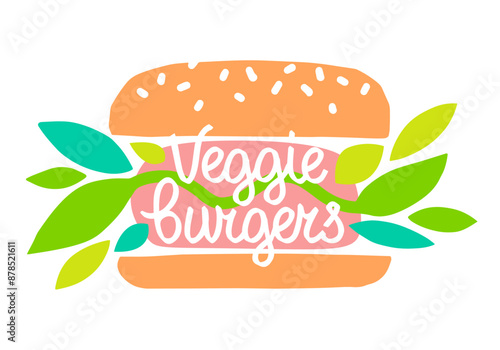 Veggie Burger icon, lettering, hand drawn label, Calligraphy. Plant based hamburger. Vector Illustration, food element for vegan cafe menu, banner.