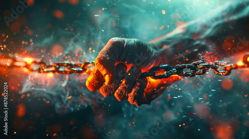 Hand Breaking Free from Chains with Fiery Sparks photo