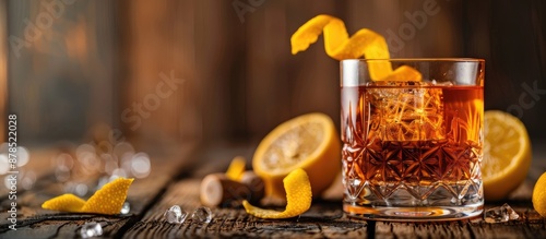 Sazerac cocktail served with a garnish of lemon peel, the foreground featuring a copy space image.