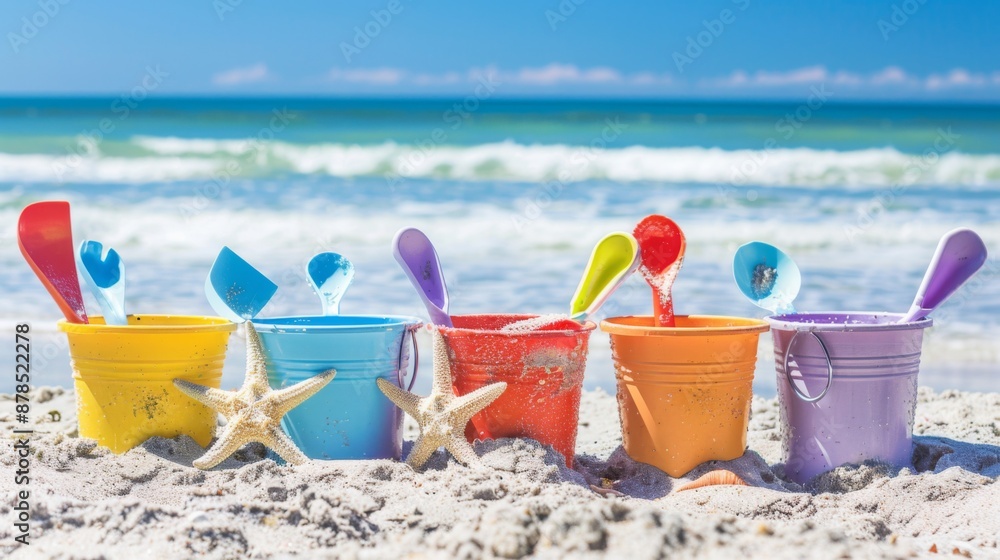 Assortment of beach pails and shovels Assortment of beach pails and shovels