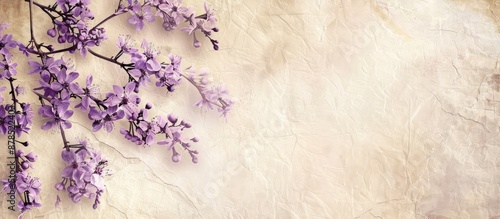 Stylish old paper background with pale lilac chinaberry tree flowers, square shape for copy space image. photo