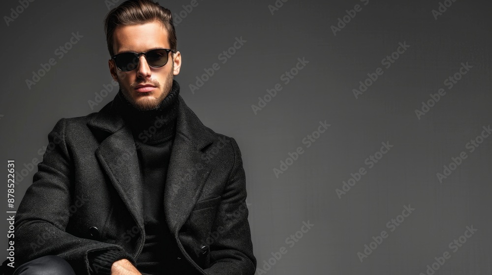 A man in a black turtleneck and coat, wearing sunglasses, sits against a plain backdrop A man in a black turtleneck and coat, wearing sunglasses, sits against a plain backdrop