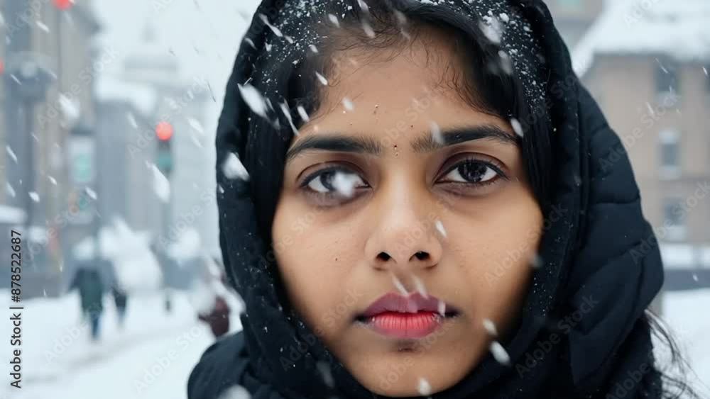 Young woman serious face portrait on a city street snowing Young woman serious face portrait on a city street snowing