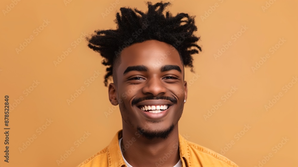 Obraz premium A man with a mustache and dreadlocks is smiling and looking at the camera. He is wearing a yellow shirt and white shirt underneath
