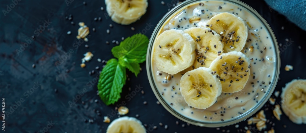 Low-calorie banana pudding with chia seeds, served as a delicious appetizer, displayed on a black background with a blue tablecloth. Ideal for copy space image. Low-calorie banana pudding with chia seeds, served as a delicious appetizer, displayed on a black background with a blue tablecloth. Ideal for copy space image.