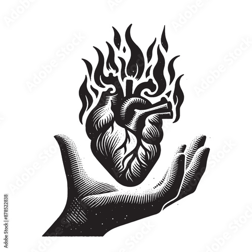 Burning heart in hand. Vintage black engraving illustration. Monochrome vector icon. Isolated and cut out	