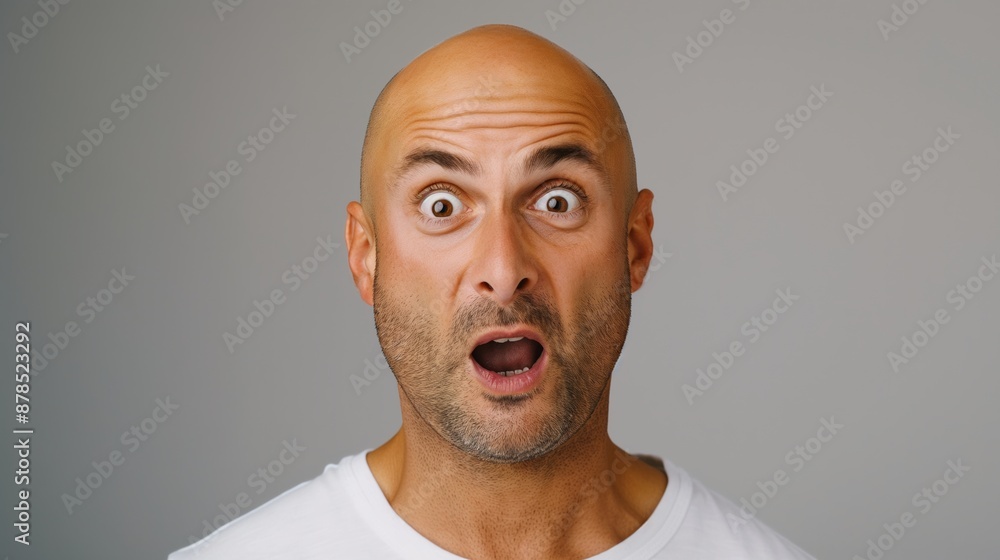 A bald man with a beard and a surprised expression on his face. He is wearing a white shirt A bald man with a beard and a surprised expression on his face. He is wearing a white shirt