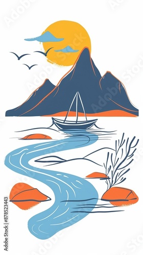 A cute cartoon Style ofA serene river with a small boat floating gently