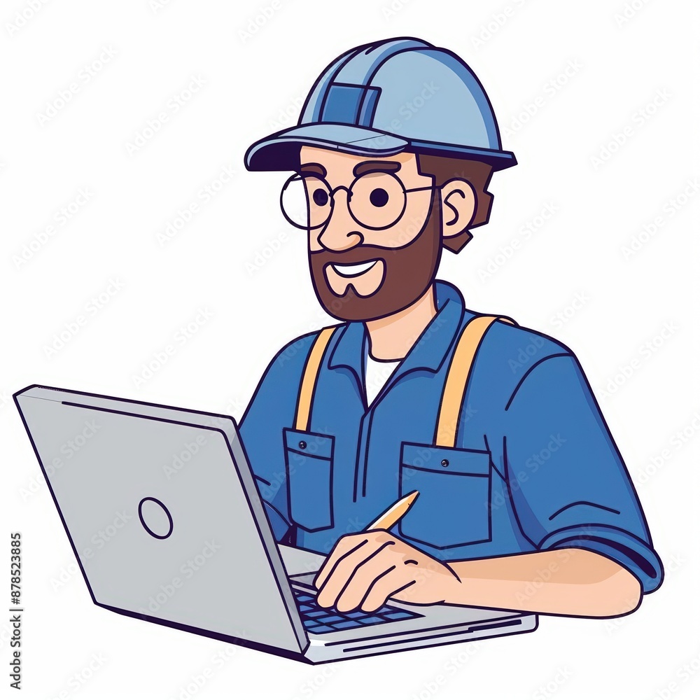 A cute cartoon Style ofA technician using predictive maintenance software on a laptop A cute cartoon Style ofA technician using predictive maintenance software on a laptop