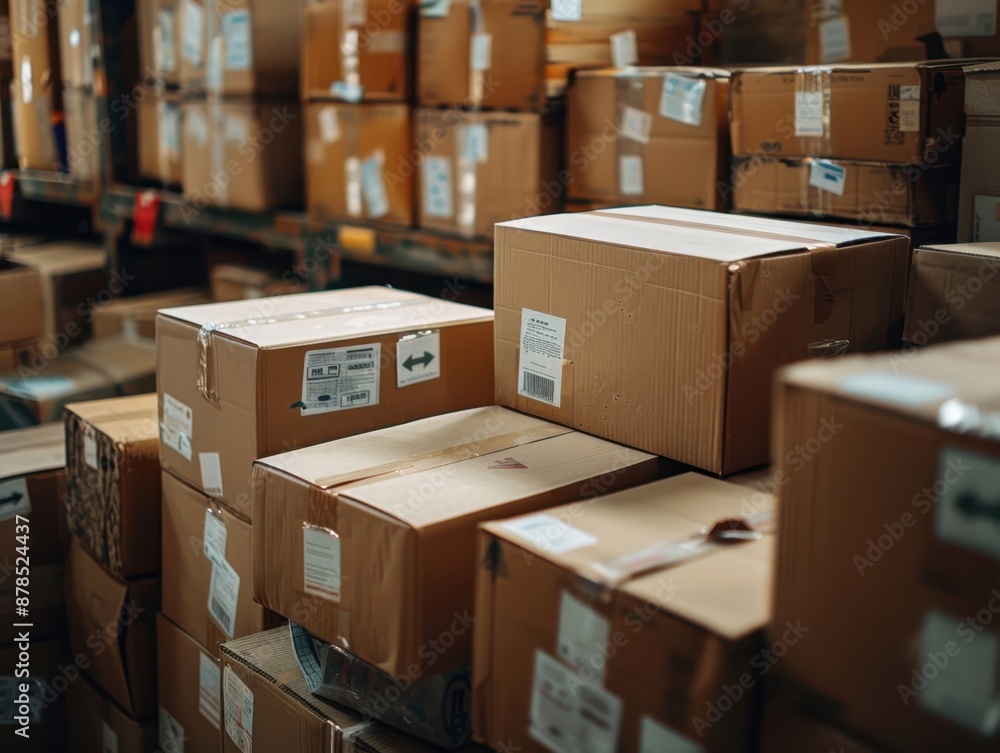 Detailed closeup of various cardboard boxes with visible corrugation, packing tape, and shipping labels, conveying a busy warehouse vibe Detailed closeup of various cardboard boxes with visible corrugation, packing tape, and shipping labels, conveying a busy warehouse vibe