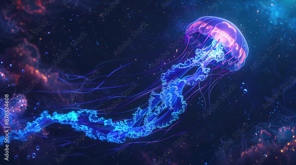 A close-up of a jellyfish emitting fluorescence against a deep sea blue background A close-up of a jellyfish emitting fluorescence against a deep sea blue background