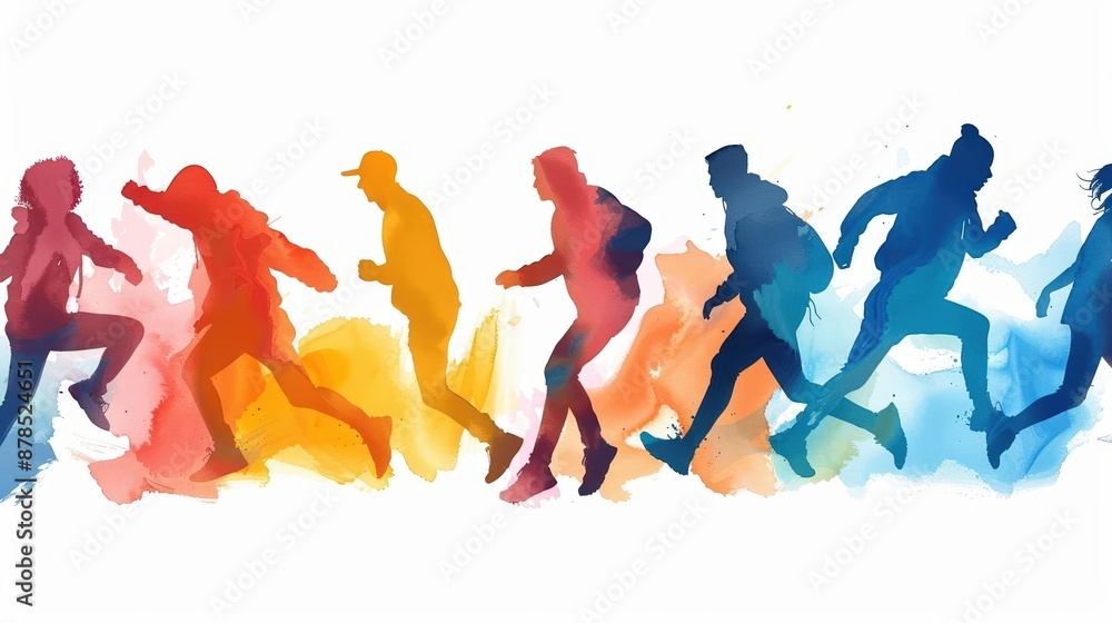 A Close-up Shot of a Silhouettes of people exercising with watercolor accents A Close-up Shot of a Silhouettes of people exercising with watercolor accents