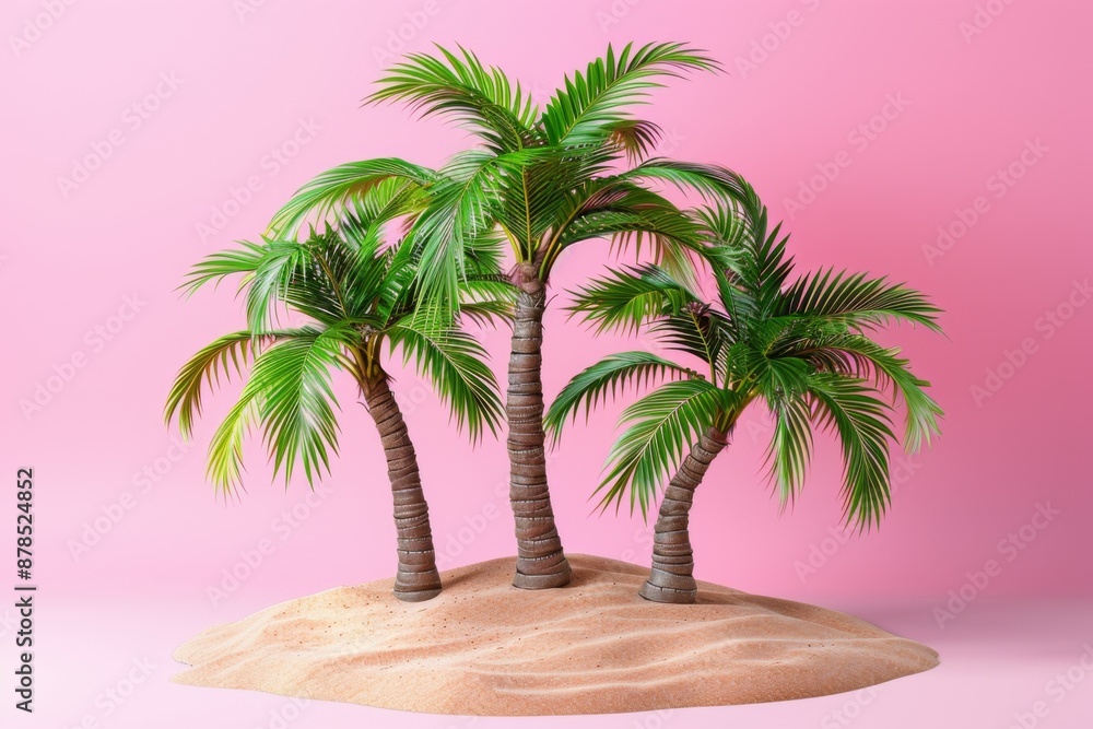 Fototapeta premium Three Palm Trees on a Pink Beach