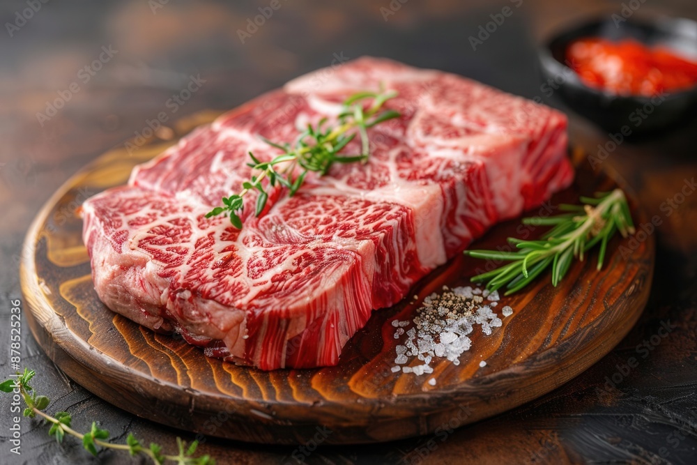 Large Wagyu ribeye with stunning marbling, juicy and delicious, presented on a wooden tray, natural lighting enhancing its textures, close-up shot for detail Large Wagyu ribeye with stunning marbling, juicy and delicious, presented on a wooden tray, natural lighting enhancing its textures, close-up shot for detail