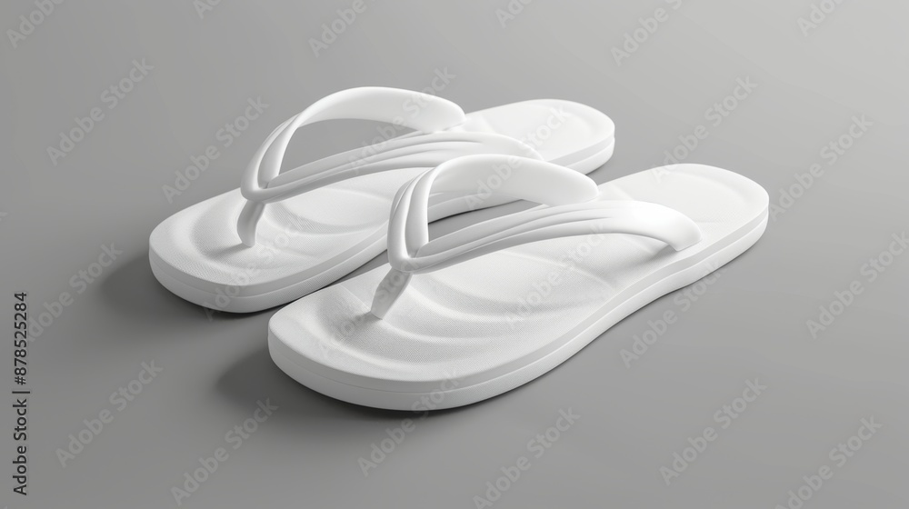 Stylish white flip flops on gray background, perfect for summer. Relaxing, tropical vibes for any design project. Clean, minimalist design for travel or leisure Stylish white flip flops on gray background, perfect for summer. Relaxing, tropical vibes for any design project. Clean, minimalist design for travel or leisure