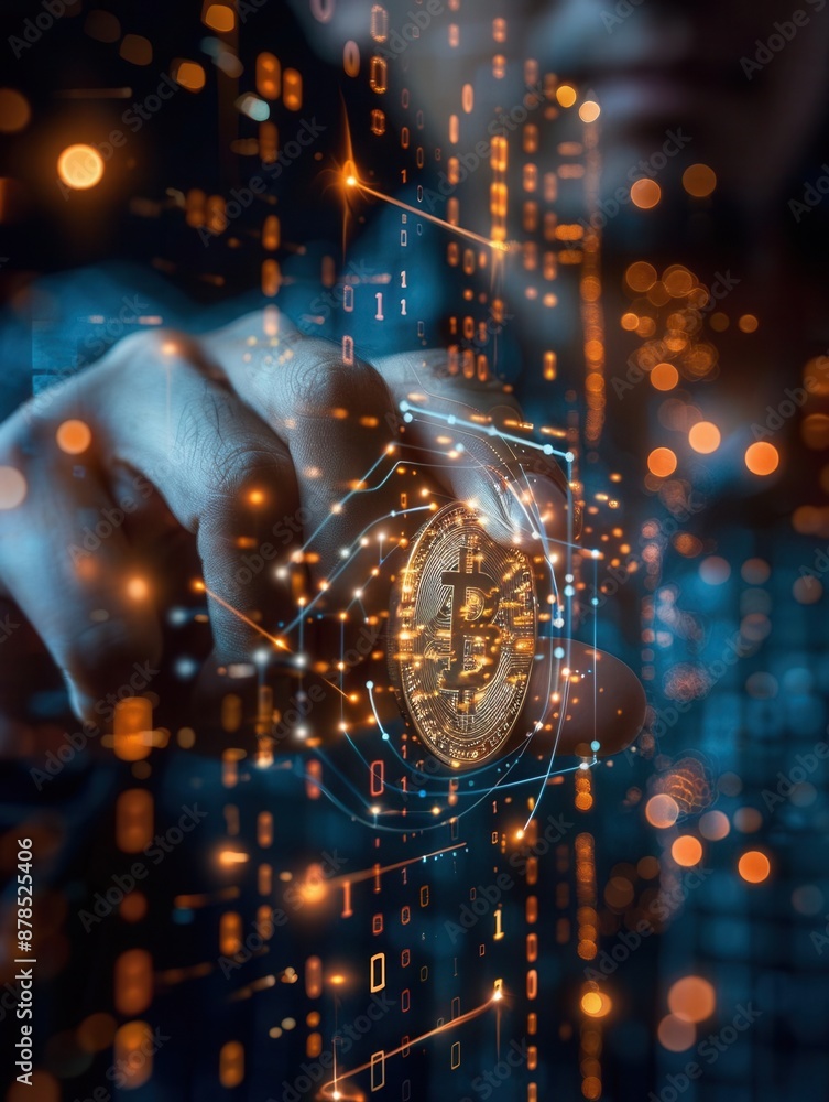 Close-up of a businessman's hand converting money to cryptocurrency, digital coin with holographic financial elements, softly illuminated, detailed macro shot for clarity Close-up of a businessman's hand converting money to cryptocurrency, digital coin with holographic financial elements, softly illuminated, detailed macro shot for clarity