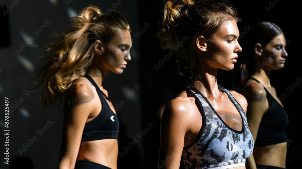Three models walk the runway in fitted sports bras Three models walk the runway in fitted sports bras