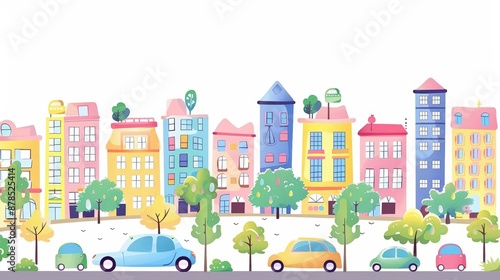 A cute cartoon Style ofA cityscape with electric cars driving on the streets photo