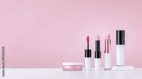 Frontal Angle, a set of cosmetic products arranged neatly against a white background, showcasing their sleek packaging and vibrant colors, with copy space on the right for product