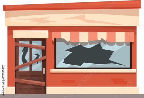 Abandoned store with boarded up door and broken window illustrating bankruptcy