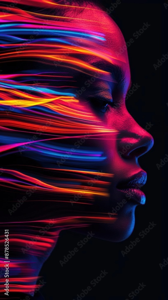 A Close-up Shot of a Profiles of individuals with vibrant, abstract technological elements A Close-up Shot of a Profiles of individuals with vibrant, abstract technological elements