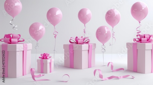 Pink gift boxes tied with ribbon are standing on a white surface with pink balloons floating above them. The image evokes a sense of celebration and happiness