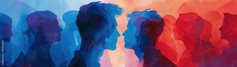 A Close-up Shot of a Abstract watercolor silhouettes of diverse people facing forward A Close-up Shot of a Abstract watercolor silhouettes of diverse people facing forward