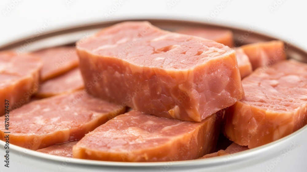 Canned luncheon meat displayed on a white background Canned luncheon meat displayed on a white background