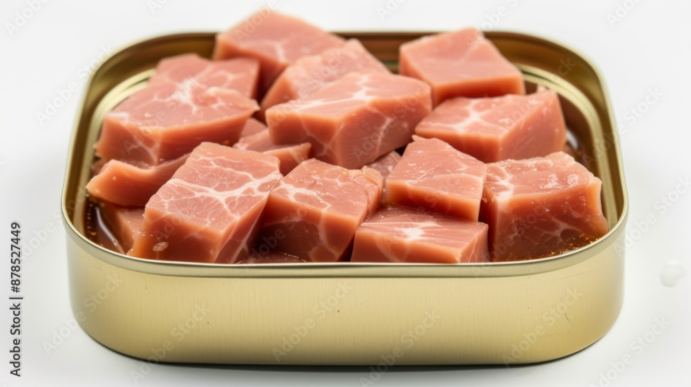 Canned luncheon meat displayed on a white background