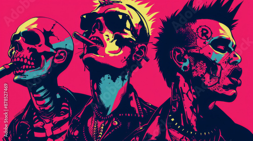 A punk rock poster, flyer or album cover. Color scheme is intense, embody punk ethos. Grunge texture. Skulls and rebellious spirit of musical anarchy and independence. 