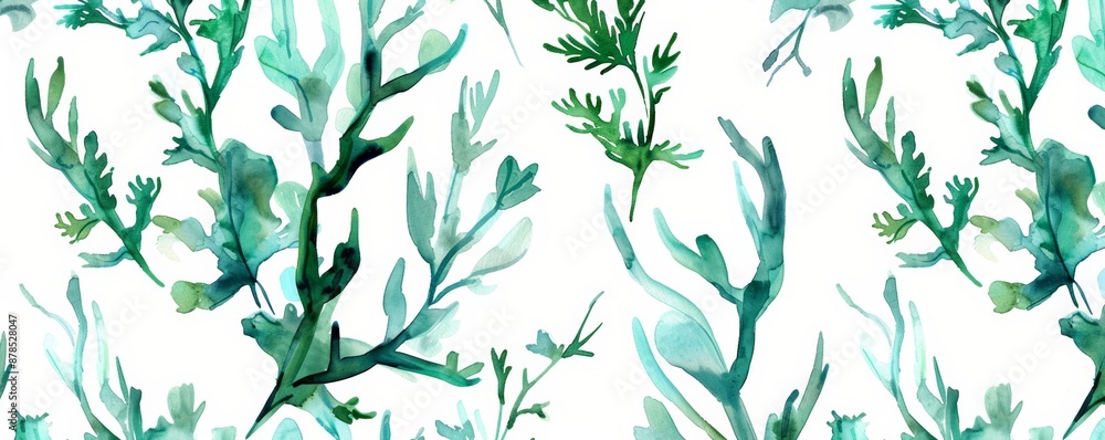 Naklejka premium Watercolor seamless pattern with abstract algae in green, blue, and white. Ideal for fabric, wallpaper, or invitations with a natural and elegant touch. Evokes organic beauty of underwater world