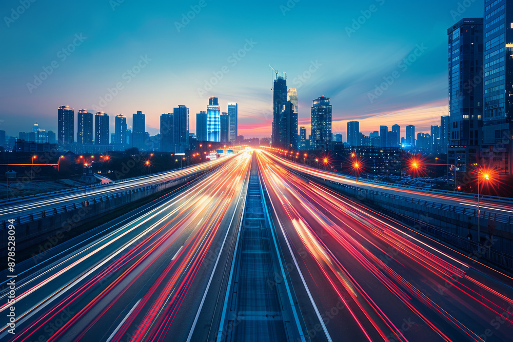 Fototapeta premium Long Exposure of Busy Highway at Night with Light Trails