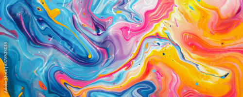Abstract swirling liquid paint in blue, pink, yellow, and white colors