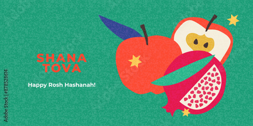 Rosh Hashana, Rosh Hashanah, Jewish New Year greeting card, cover, holiday web banner, poster. Hand drawn illustration design template with apple and pomegranate pattern in trendy modern art style