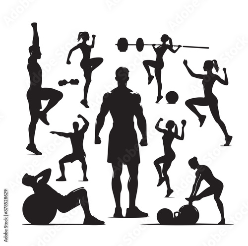 People Engaged In Fitness silhouettes vector illustration 