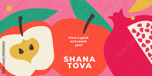 Rosh Hashana, Rosh Hashanah, Jewish New Year greeting card, cover, holiday web banner, poster. Hand drawn illustration design template with apple and pomegranate pattern in trendy modern art style