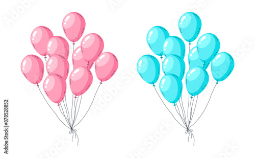 Baby gender party balloons. Hand drawn pink and blue balloons bunches, cute glossy baby shower balloons decorations flat vector illustration set. Gender reveal party balloons decor