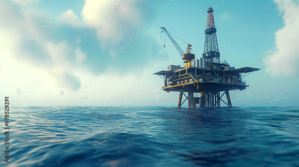 A serene image of an offshore oil rig in calm ocean waters under a cloudy sky. A serene image of an offshore oil rig in calm ocean waters under a cloudy sky.