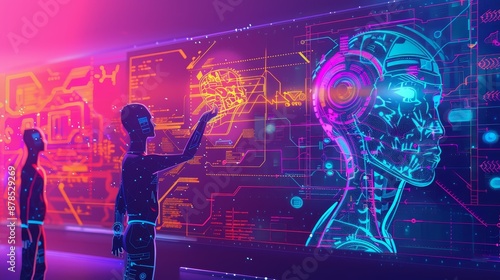 Futuristic digital interface with artificial intelligence concept, featuring holographic displays and humanoid figures in neon lighting.