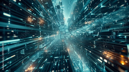 Futuristic digital cityscape with dynamic glowing lights and abstract cyber elements, representing technology and innovation.