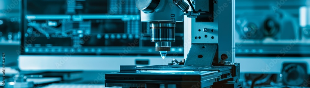 High-tech laboratory with modern microscope for advanced scientific research in a blue-toned setting. Ideal for medical and technological concepts. High-tech laboratory with modern microscope for advanced scientific research in a blue-toned setting. Ideal for medical and technological concepts.