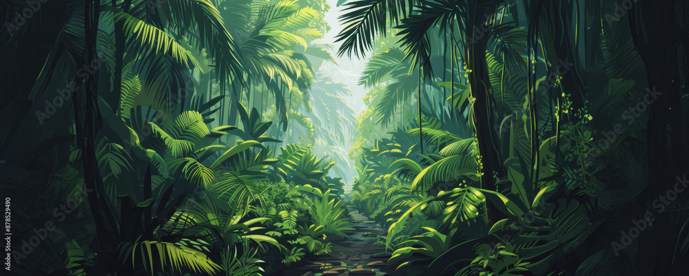 Naklejka premium Lush green tropical rainforest path with sunlight filtering through the canopy