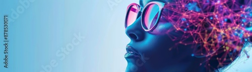 Wallpaper Mural Profile of a person in neon sunglasses and digital neon textures symbolizing technology, innovation, and futuristic concepts. Torontodigital.ca
