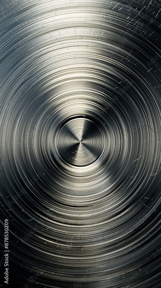 Shiny metallic background with intricate grooves forming concentric rings leading to a luminous center spot. Steel and aluminum shine brightly, reflecting light in a modern industrial design Shiny metallic background with intricate grooves forming concentric rings leading to a luminous center spot. Steel and aluminum shine brightly, reflecting light in a modern industrial design
