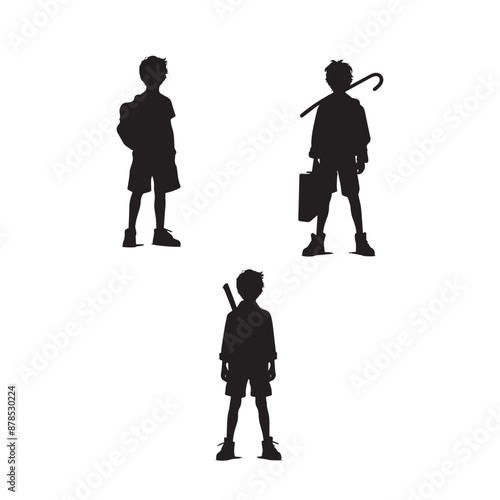 standing childern silhouette,Stride of Innocence: Vintage Silhouettes of Children standing " "Pathways of Youth: Retro Kids in Motion Silhouettes" "Wandering Childhood: Nostalgic Silhouettes standing